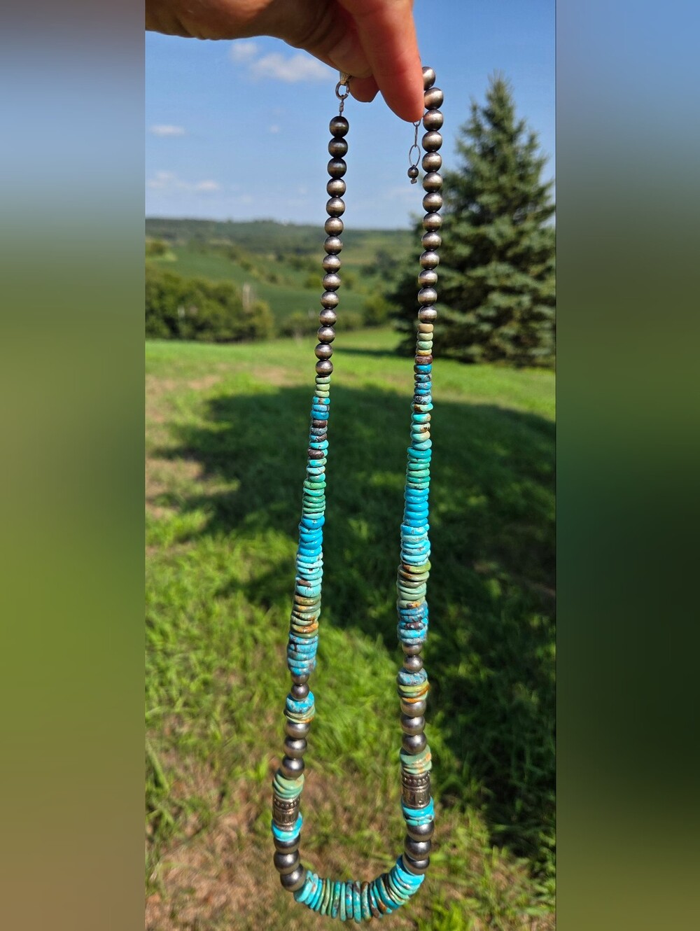 Kingman Turquoise And Sterling Pearls 32" Necklace